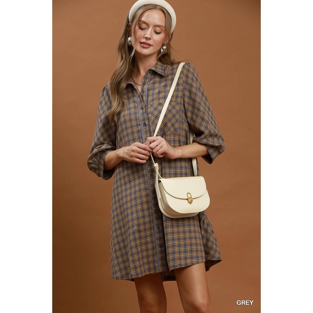 Umgee Plaid Button Down Oversized Shirt Dress - Grey - Medium